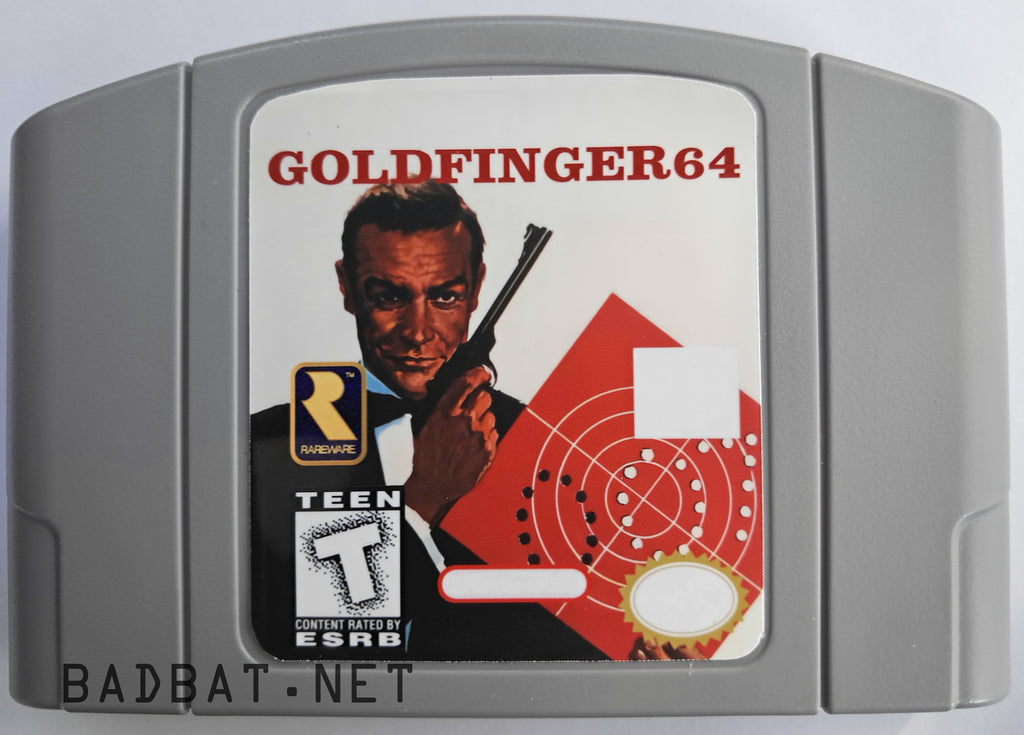 A Nintendo 64 physical game cartridge for the ROM Hack 007 Goldfinger 64, featuring the standard gray plastic cartridge.