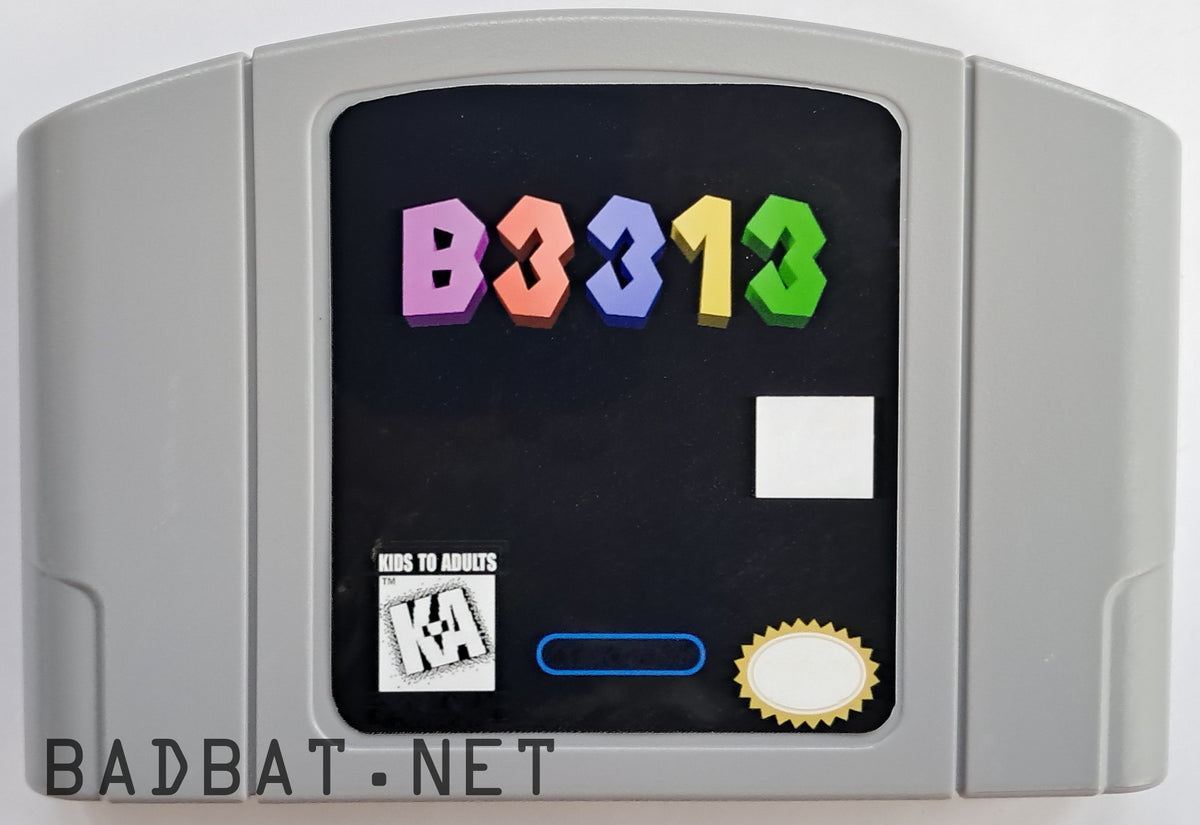 A Nintendo 64 physical game cartridge for B3313; a ROM hack of Super Mario 64, featuring the standard gray plastic cartridge.