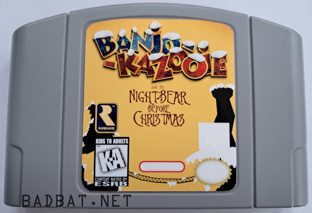 A Nintendo 64 physical game cartridge for the ROM Hack Banjo-Kazooie: Night Bear Before Christmas, featuring the standard gray plastic cartridge.