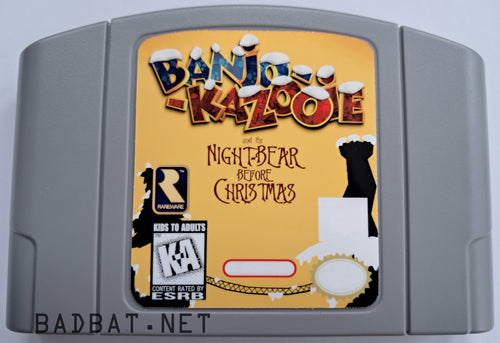 A Nintendo 64 physical game cartridge for the ROM Hack Banjo-Kazooie: Night Bear Before Christmas, featuring the standard gray plastic cartridge.