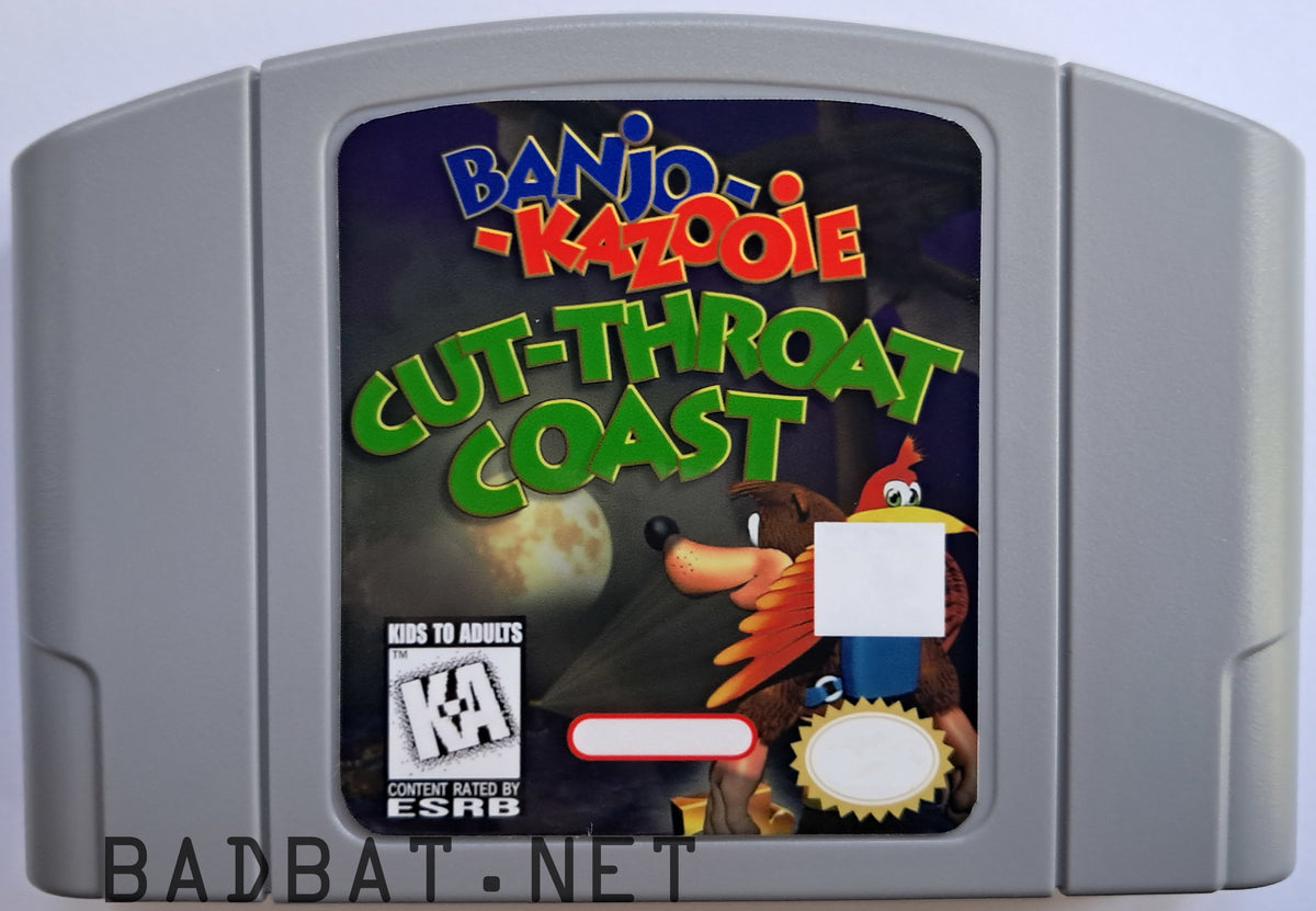 A Nintendo 64 physical game cartridge for the ROM Hack Banjo-Kazooie: Cut Throat Coast, featuring the standard gray plastic cartridge.
