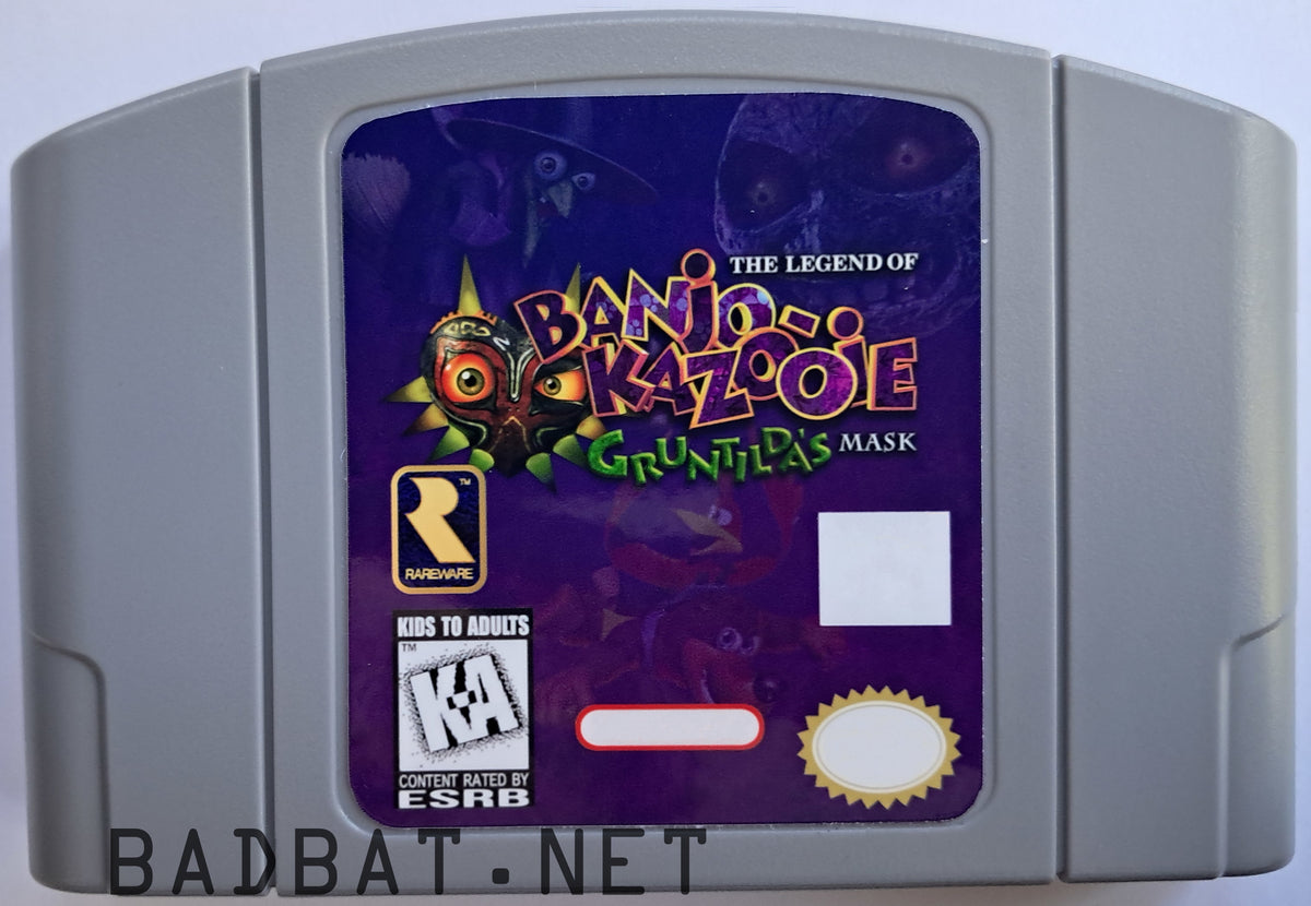 A Nintendo 64 physical game cartridge for the ROM Hack Banjo-Kazooie Gruntilda's Mask, featuring the standard gray plastic cartridge.