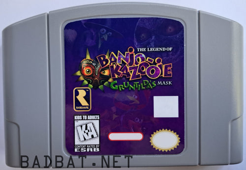 A Nintendo 64 physical game cartridge for the ROM Hack Banjo-Kazooie Gruntilda's Mask, featuring the standard gray plastic cartridge.