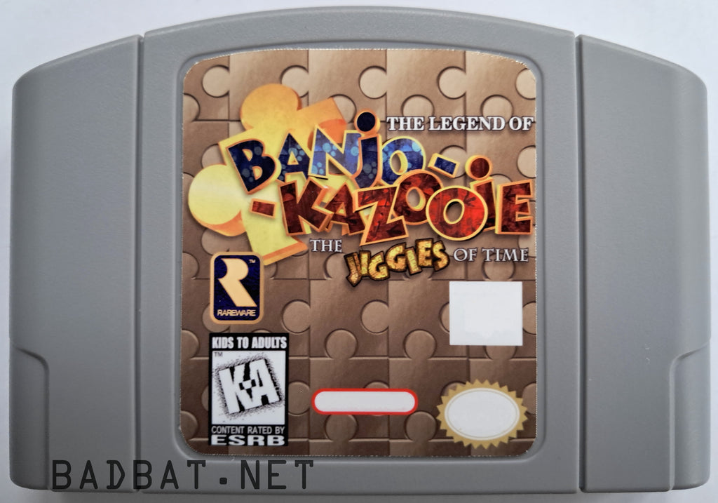 A Nintendo 64 physical game cartridge for the ROM Hack Banjo-Kazooie: Jiggies of Time, featuring the standard gray plastic cartridge.