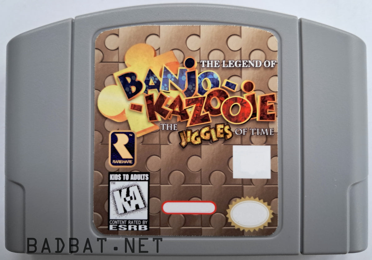 A Nintendo 64 physical game cartridge for the ROM Hack Banjo-Kazooie: Jiggies of Time, featuring the standard gray plastic cartridge.