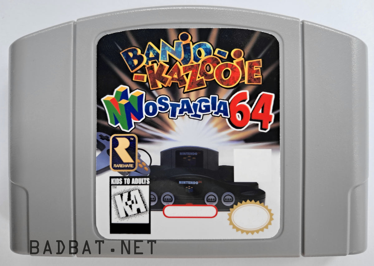 A Nintendo 64 physical game cartridge for the ROM Hack Banjo-Kazooie: Nostalgia 64, featuring the standard gray plastic cartridge.