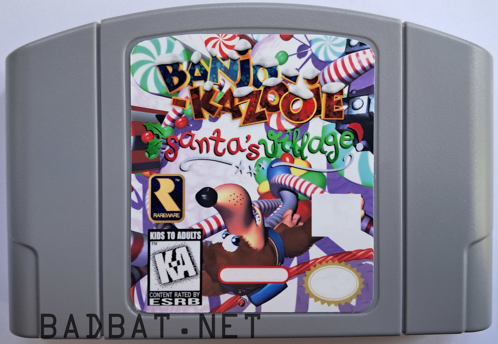 A Nintendo 64 physical game cartridge for the ROM Hack Banjo-Kazooie: Santa's Village, featuring the standard gray plastic cartridge.
