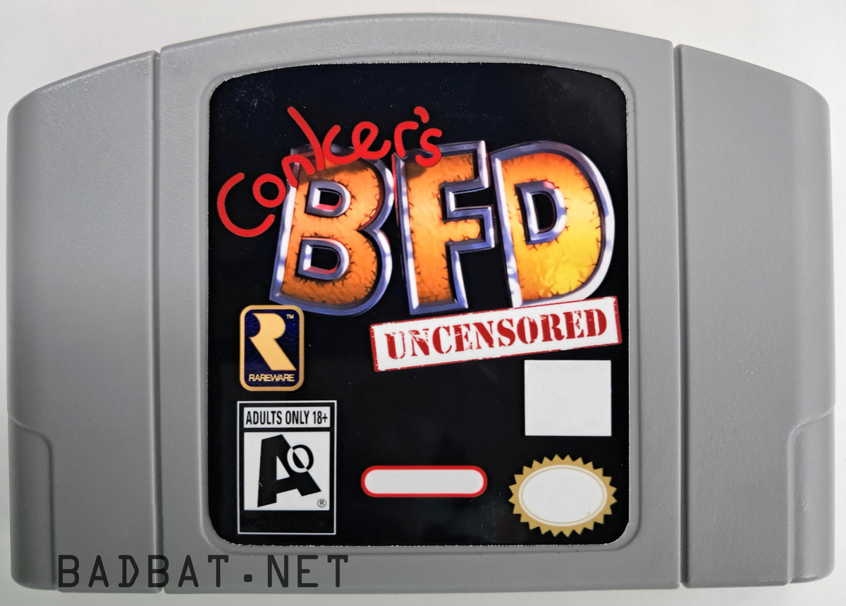 A Nintendo 64 physical game cartridge for the ROM Hack Conker's Bad Fur Day Uncensored, featuring the standard gray plastic cartridge.