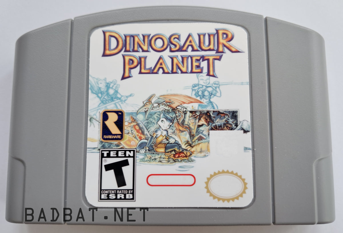 A Nintendo 64 physical game cartridge for the ROM Hack Dinosaur Planet 64, featuring the standard gray plastic cartridge.