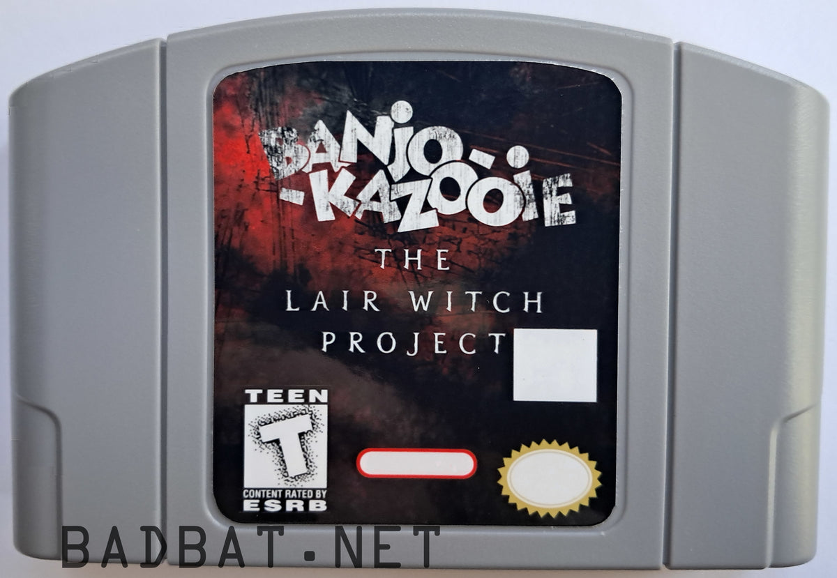 A Nintendo 64 physical game cartridge for the ROM Hack Banjo-Kazooie: Lair Witch Project, featuring the standard gray plastic cartridge.