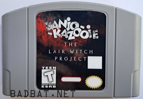 A Nintendo 64 physical game cartridge for the ROM Hack Banjo-Kazooie: Lair Witch Project, featuring the standard gray plastic cartridge.
