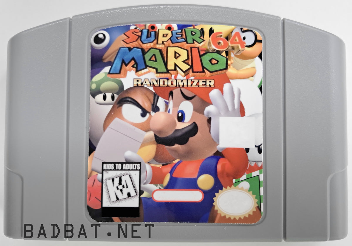 A Nintendo 64 physical game cartridge for the ROM Hack Super Mario 64 Randomizer, featuring the standard gray plastic cartridge.