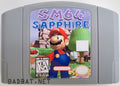 A Nintendo 64 physical game cartridge for the ROM Hack Mario 64 Sapphire, featuring the standard gray plastic cartridge