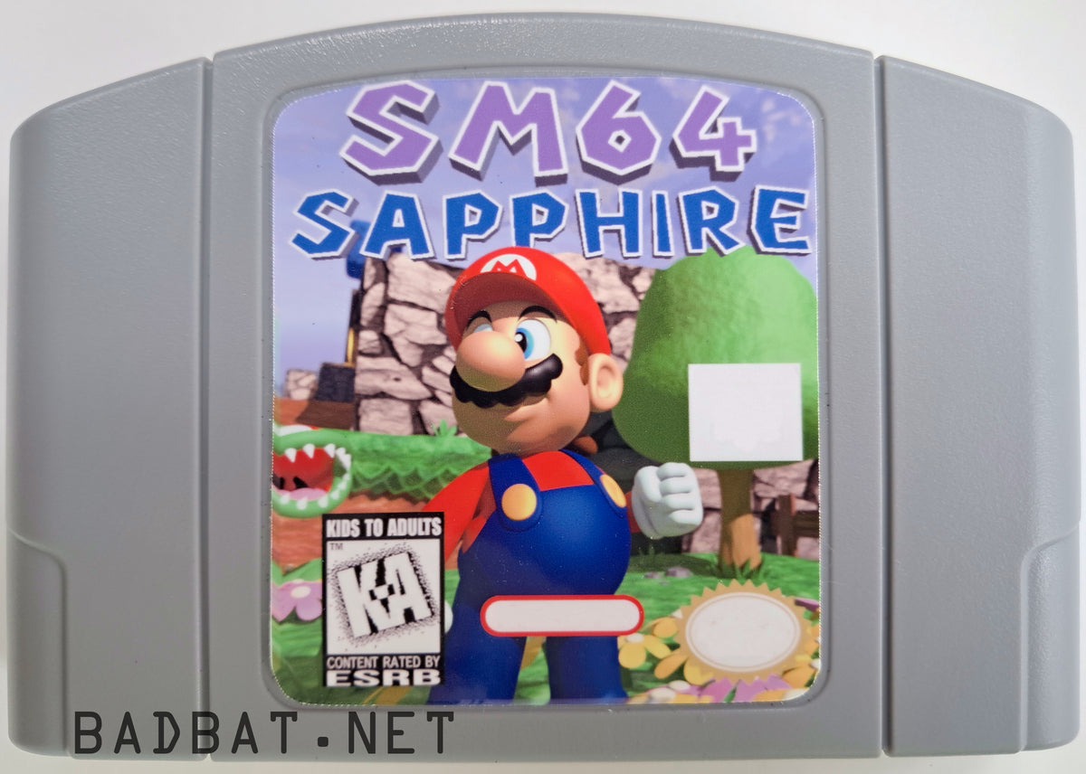 A Nintendo 64 physical game cartridge for the ROM Hack Mario 64 Sapphire, featuring the standard gray plastic cartridge