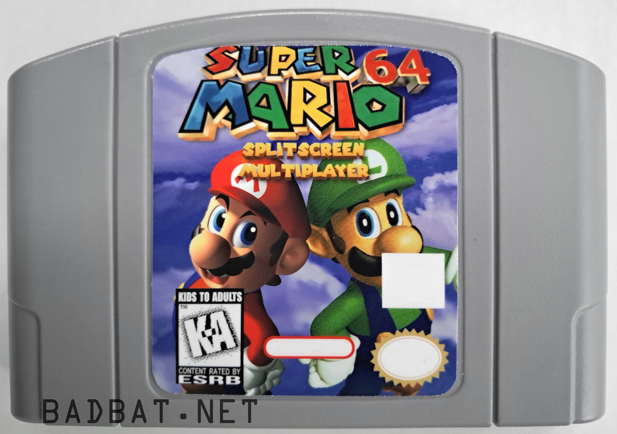 A Nintendo 64 physical game cartridge for the ROM Hack Mario 64 Splitscreen Multiplayer, featuring the standard gray plastic cartridge.