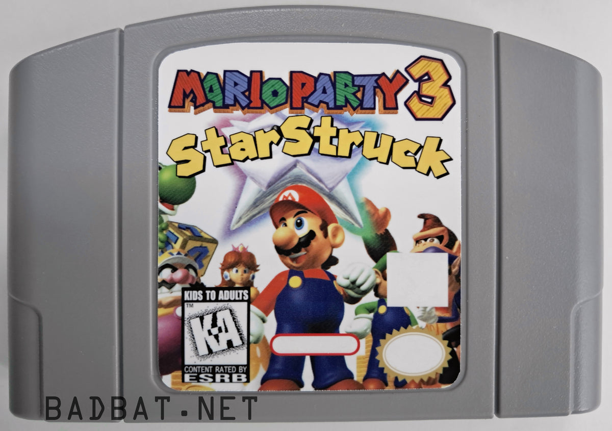 A Nintendo 64 physical game cartridge for the ROM Hack Mario Party 3 Star Struck, featuring the standard gray plastic cartridge.