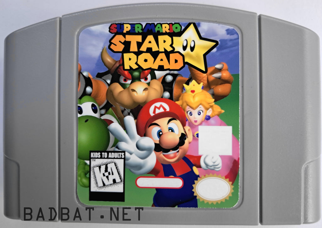A Nintendo 64 physical game cartridge for Super Mario Star Road; a ROM hack of Super Mario 64, featuring the standard gray plastic cartridge.