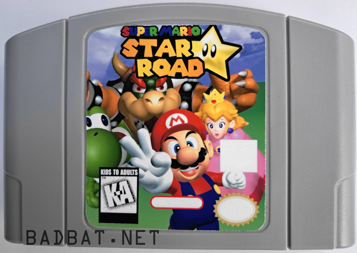 A Nintendo 64 physical game cartridge for Super Mario Star Road; a ROM hack of Super Mario 64, featuring the standard gray plastic cartridge.