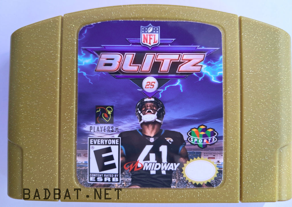 A Nintendo 64 physical game cartridge for the ROM Hack NFL BLitz 2025, featuring the special gold and silver plastic cartridge used for Pokémon Stadium 2.