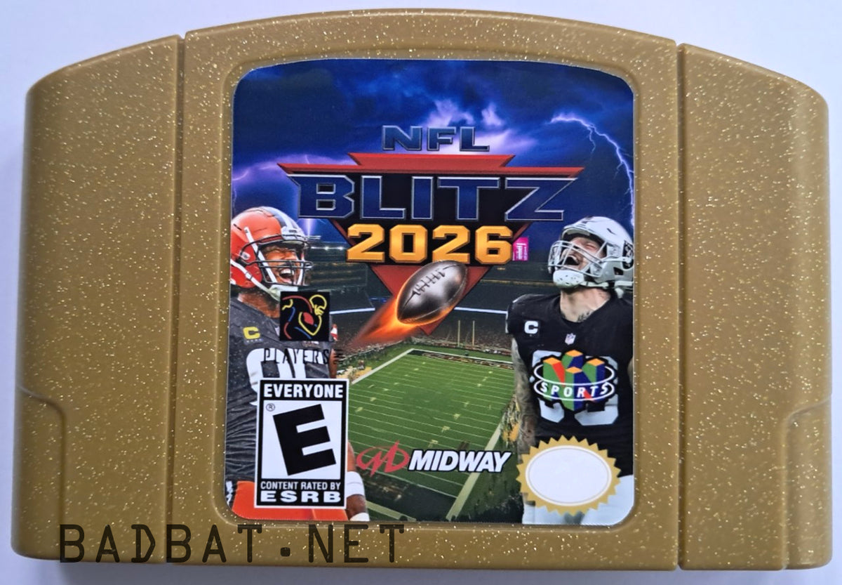 A Nintendo 64 physical game cartridge for the ROM Hack NFL BLitz 2026, featuring the special gold and silver plastic cartridge used for Pokémon Stadium 2.