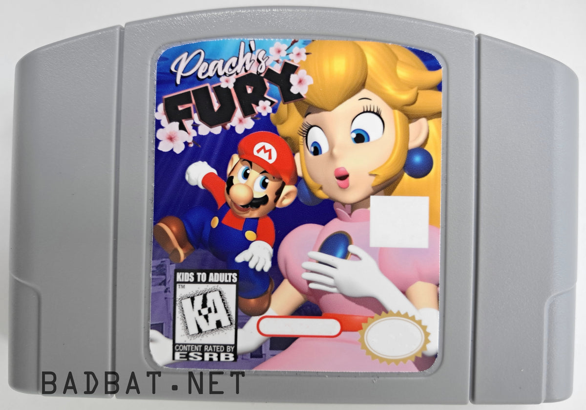 A Nintendo 64 physical game cartridge for the Super Mario 64 ROM Hack Peach's Fury, featuring the standard gray plastic cartridge.