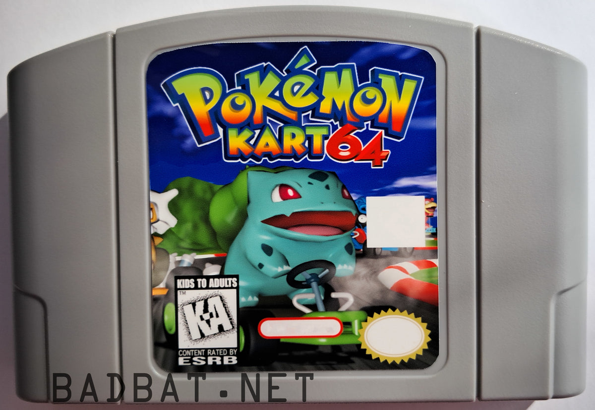 A Nintendo 64 physical game cartridge for Pokémon Kart; a ROM hack of Mario Kart 64, featuring the standard gray plastic cartridge.