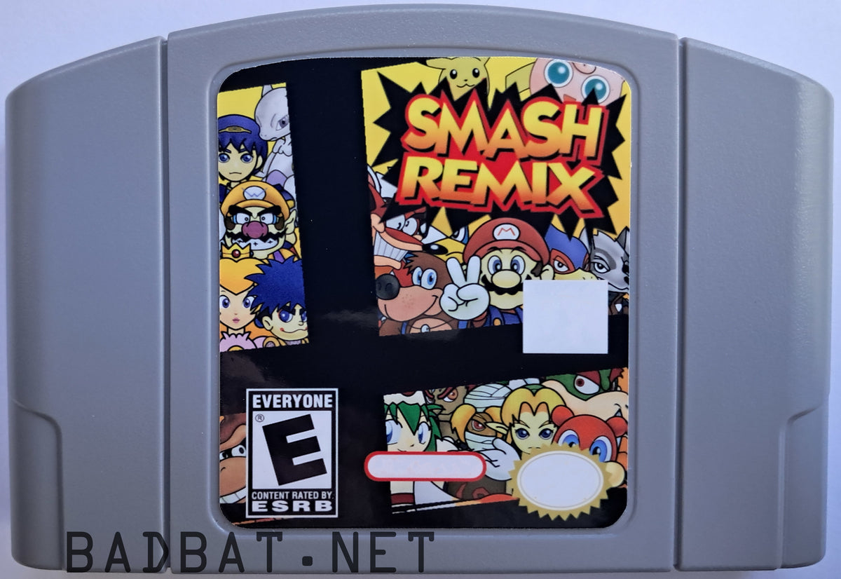 A Nintendo 64 physical game cartridge for Smash Remix 2.0.1; a ROM hack of Super Smash Bros, featuring the standard gray plastic cartridge.