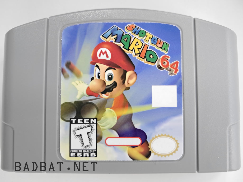 A Nintendo 64 physical game cartridge for the ROM Hack Shotgun Mario 64, featuring the standard gray plastic cartridge.