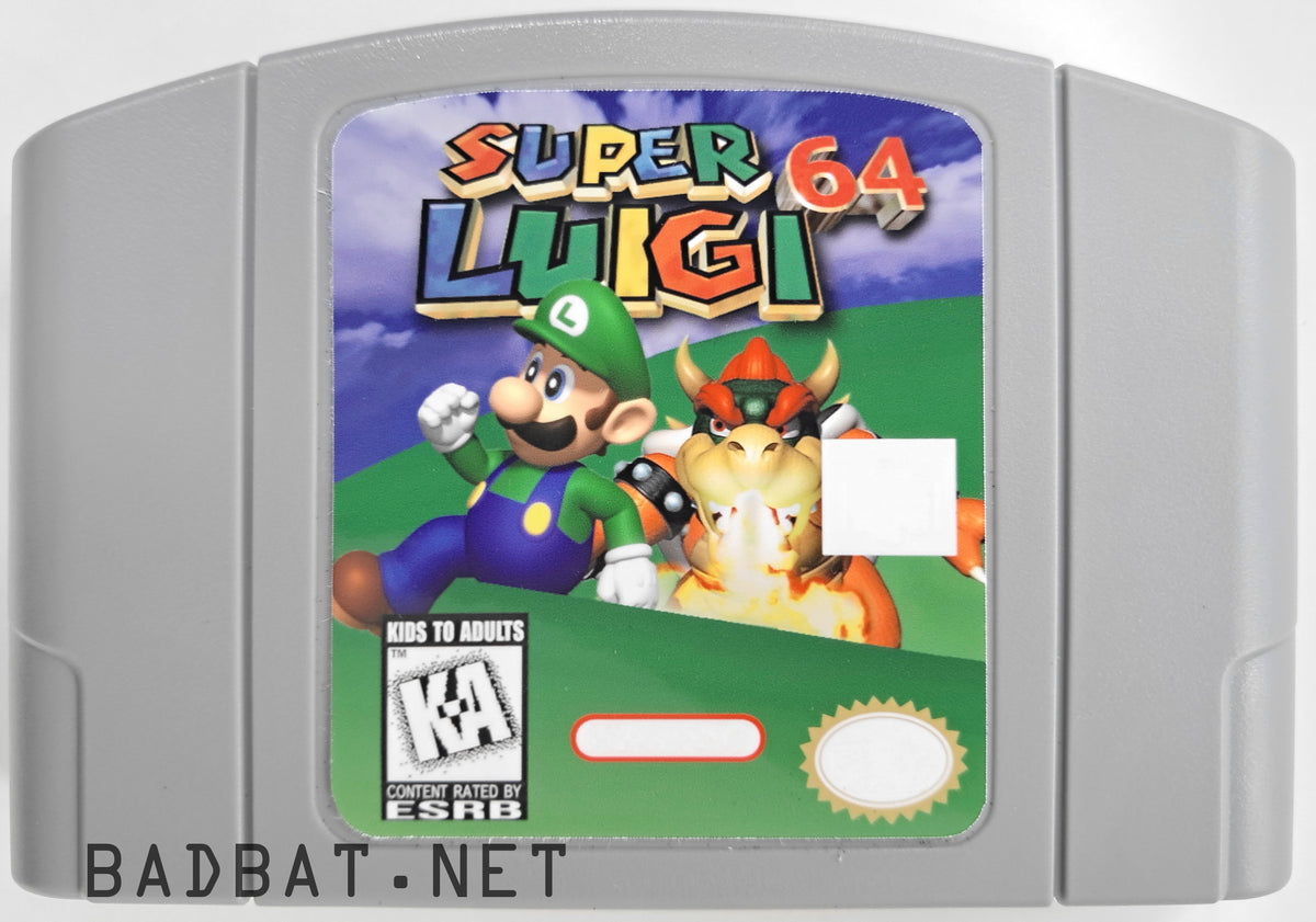 A Nintendo 64 physical game cartridge for the ROM Hack Super Luigi 64, featuring the standard gray plastic cartridge.