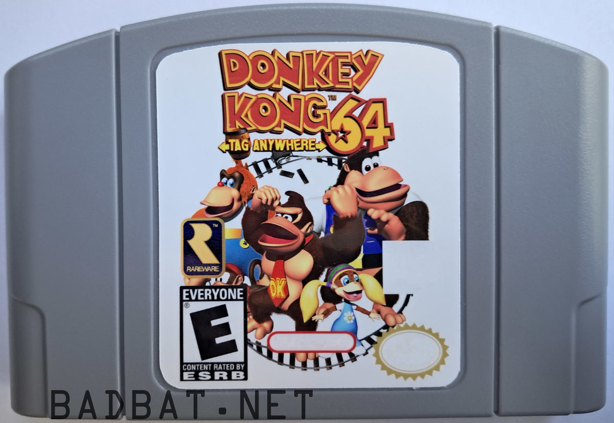 A Nintendo 64 physical game cartridge for the ROM Hack Donkey Kong 64: Tag Anywhere, featuring the standard gray plastic cartridge.